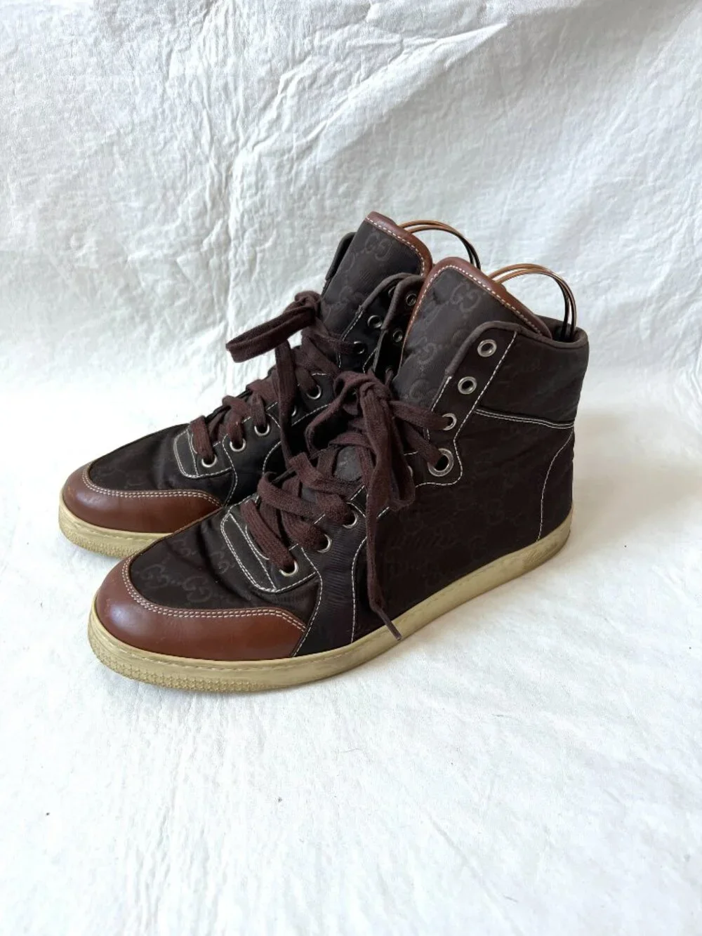 Gucci sneakers GG nylon brown leather 8.5 US 9 mens lace up high top shoes
